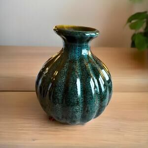 Small Studio Pottery Bud Vase: Blue Green Drip Glaze Ribbed Ceramic Rustic Decor